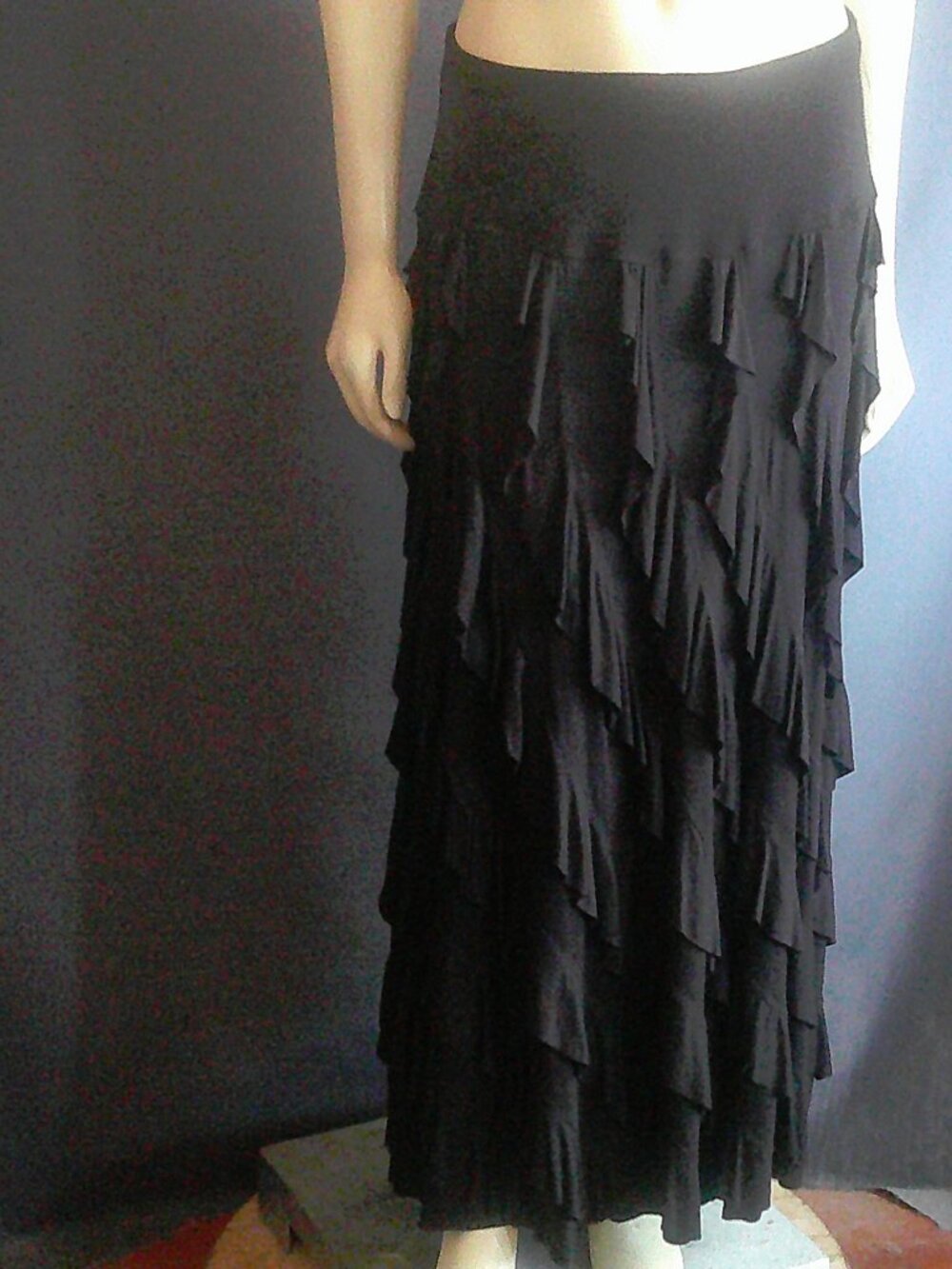 Soft Surroundings Black Rayon Blend Cascading Ruffle Maxi Skirt L
